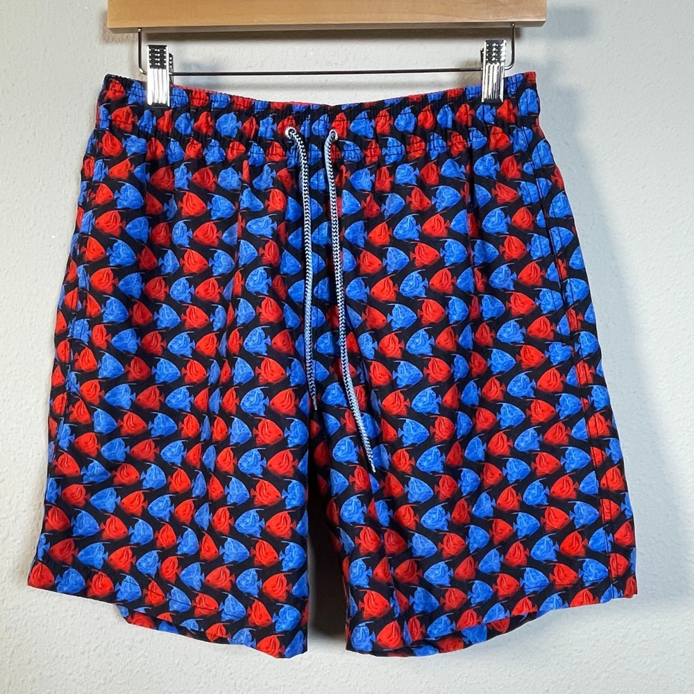 Bugatchi Swim Trunks Mens‎ L Blue Red Angelfish Print Lined Beach Shorts Coastal